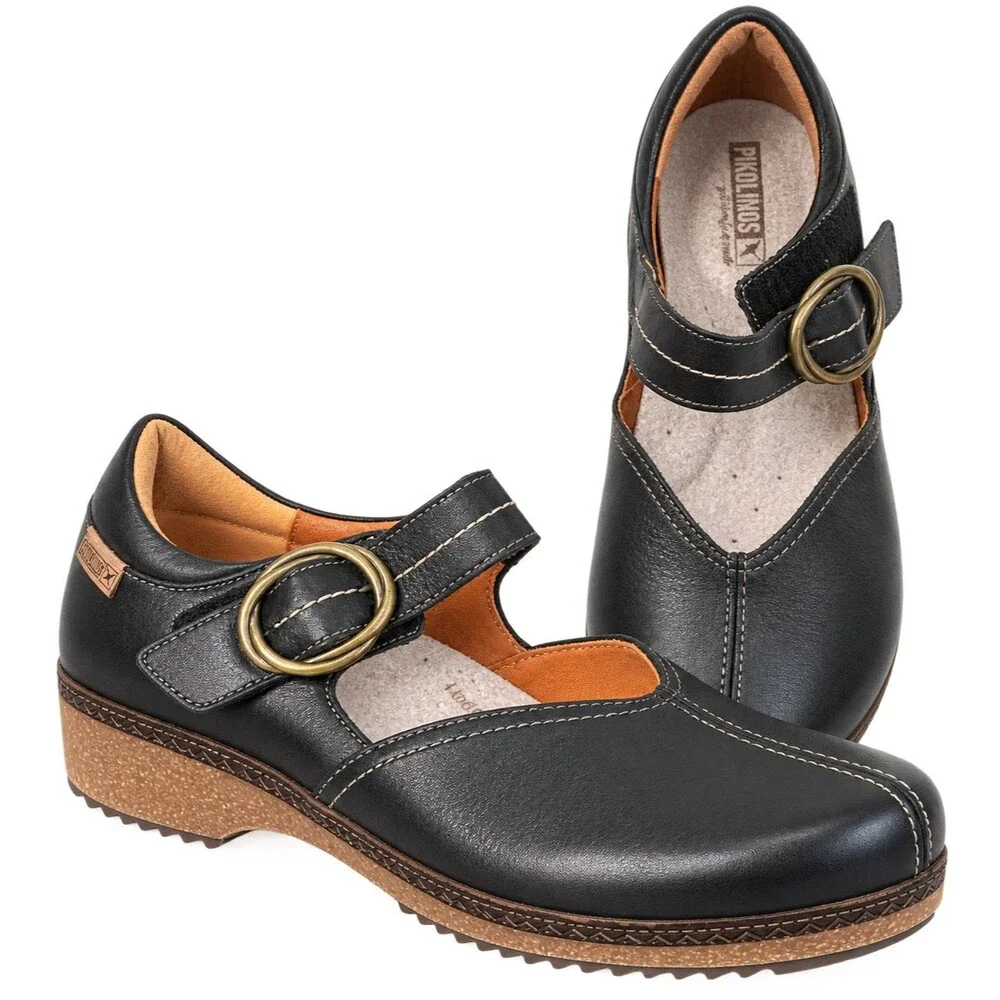 Pikolinos Black Leather Mary Jane Shoes Women 10 Comfort Wedge Arch Support